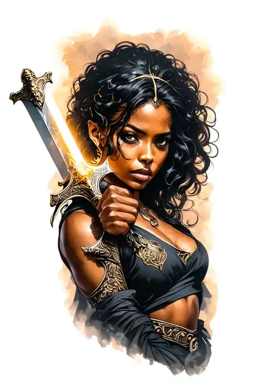 Black Woman Good With Steal Helmat Holding A Light Sword In One Hand