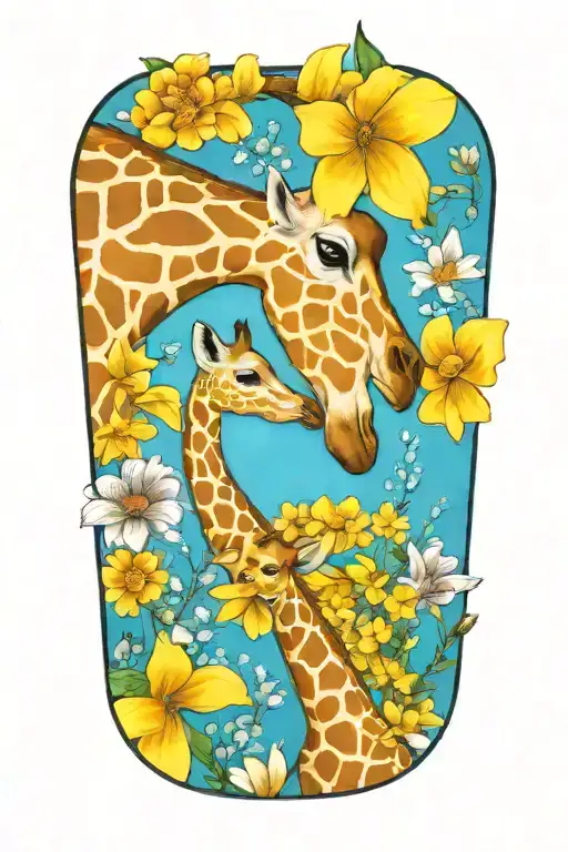 Mother And Baby Giraffe Surrounded By Flowers