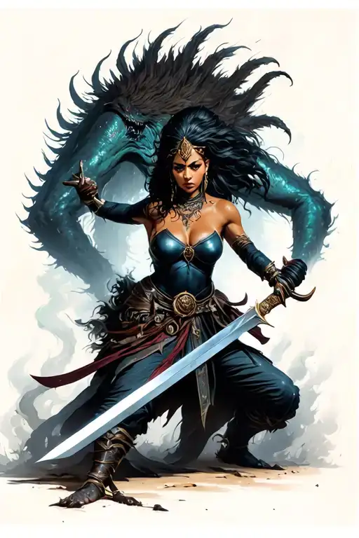 Black Warrior Woman Good With Steal Sword She Is Fighting A Monster