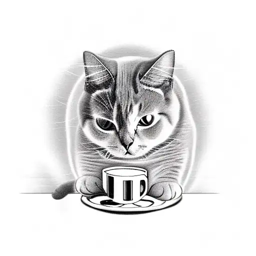 Fat Cute Cat With A Cup Of Coffee