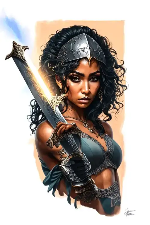 Black Woman Good With Steal Helmat Holding A Light Sword In One Hand