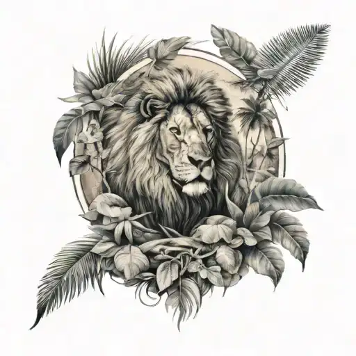 Lion Surrounded With Jungle Scene