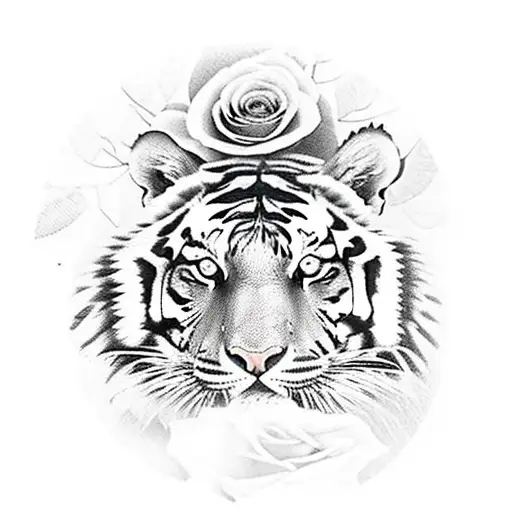 Tiger Left Eye Close Up With Leaves And Roses