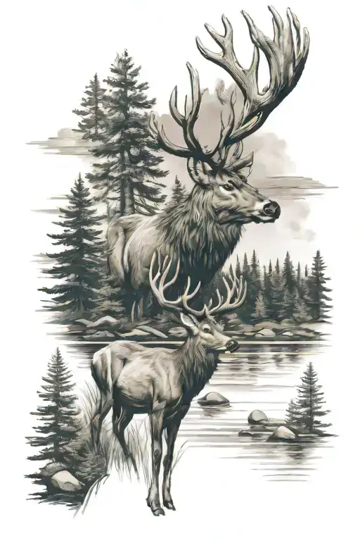 Pine Forest With Buck Standing Near A River Flowing