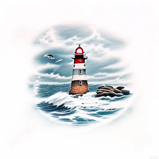 Lighthouse On Shallow Rocks With A Rough Sea And Seagull
