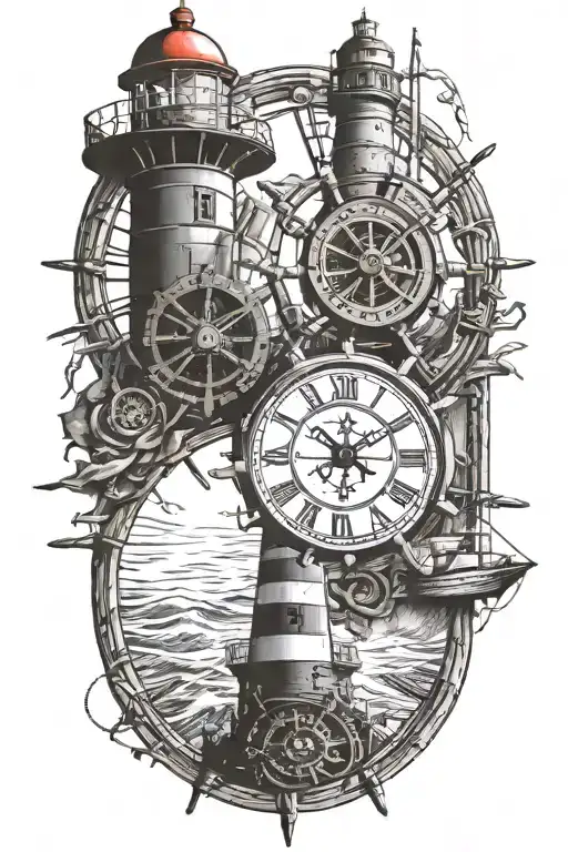 Clock Surrounded By A Ships Wheel With A Light House