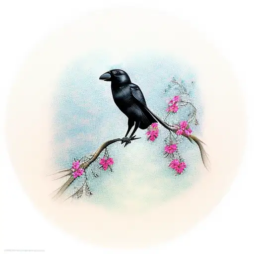 A Crow Perched On A Tree Branch With A Background Of Vibrant Lilly Flowers