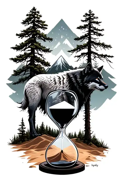 Wolf Behind Trees With Hour Glass With Sand And Mountain On Background And A Loyalty Sentence Below