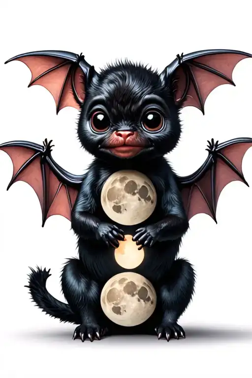 Cute Bat With Spread Wings With Moon Phases Intertwined