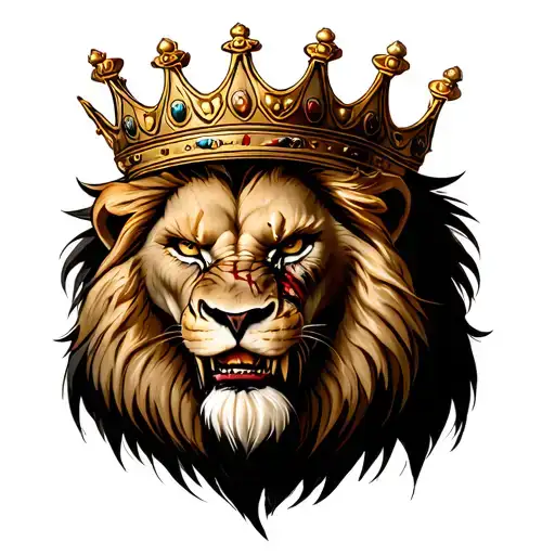Angry Lion Wearing Crown With Scar On His Face