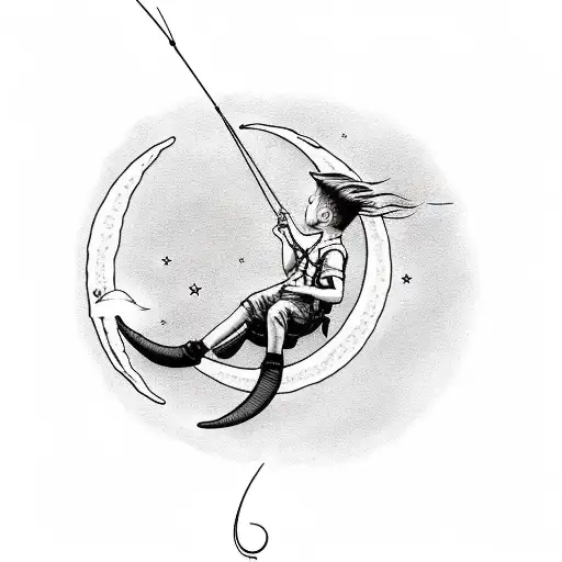 Boy On Crescent Moon In The Sky Fishing With A Long String Into A Lake Of Dreams