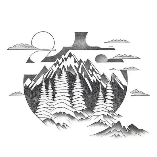 Mountain Range With Sun And Trees