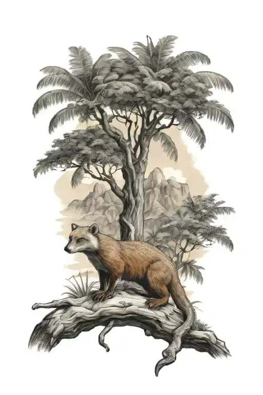 St Lucia Mountains With A Mongoose And A Mango Tree Tattoo