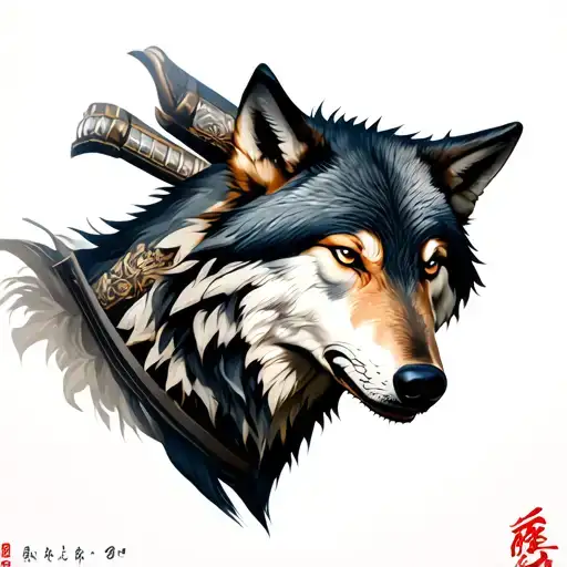 Samurai With Full Wolf At The Side View