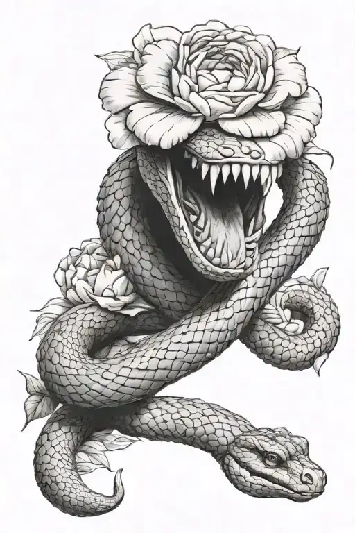 Boiga Melanota Snake With Peony Flower In Its Mouth