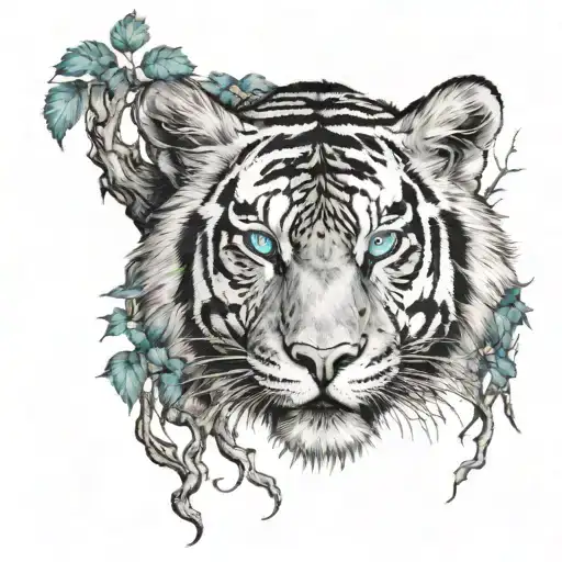 Yggdrasil Tree With Vegvisir Symbol In The Trunk And A Tiger Head With Blue Eyes