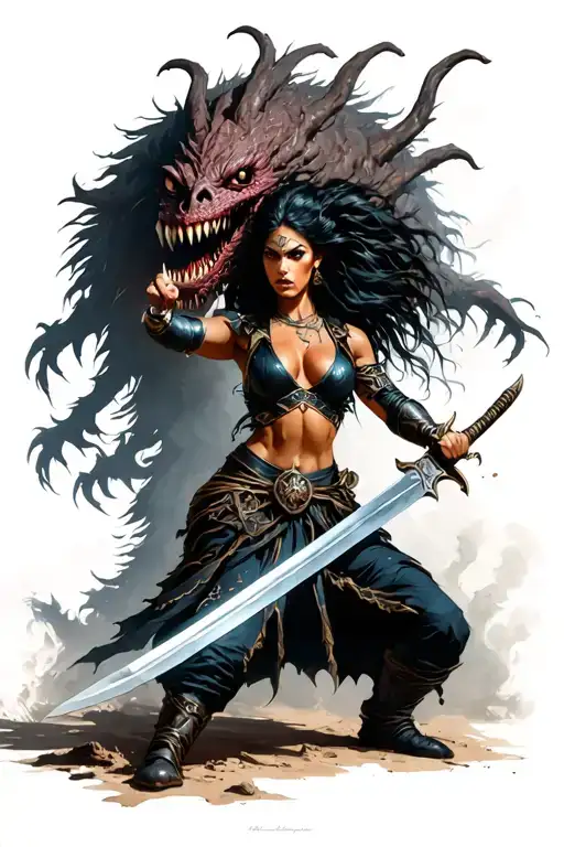 Black Warrior Woman Good With Steal Sword She Is Fighting A Monster