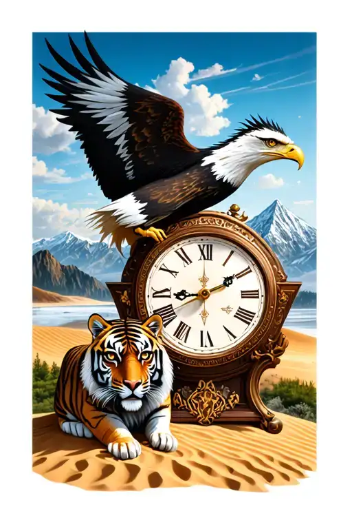 Eagle And Sand Clock And Mountain Landscape Combined With Tiger