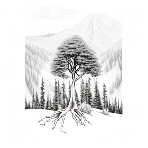 Mountain Scene With Trees And A Skeleton Cowboy Sitting Under Tree