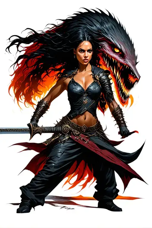 Black Warrior Woman Good With Steal Sword She Is Fighting A Monster
