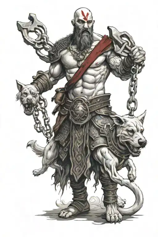 The God Of War Holding A Chained 3 Headed Dog Looking Scary