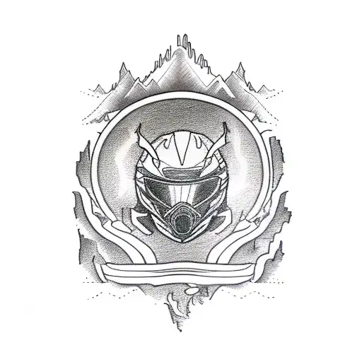 A Detailed Sketch Of A Motorbike With Mountains And Nature Elements Incorporated Into The Design