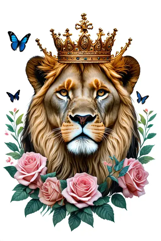 Lioness Wearing A Crown Surrounded By Roses And Butterflies