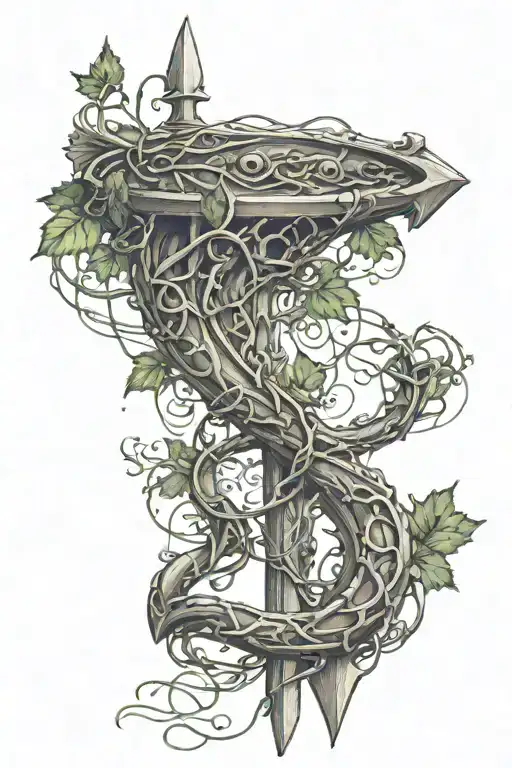 Trident With Water And Grapevines Entangling It