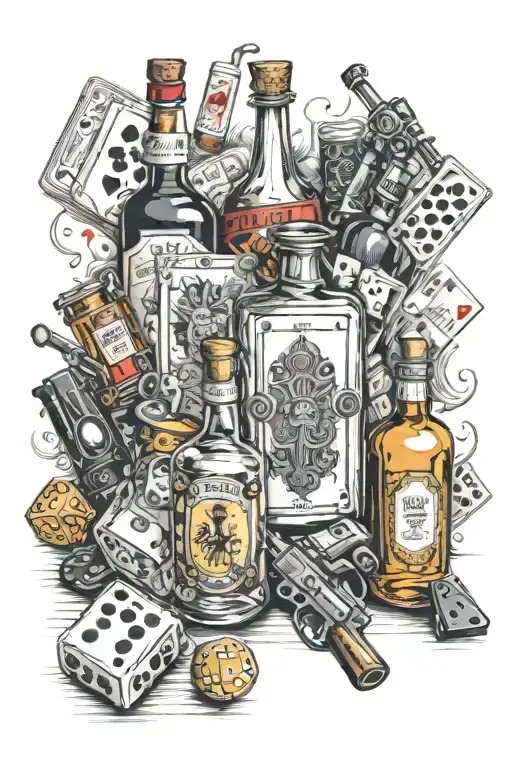 Alcohol Bottles Roulettes Cards Dice Guns