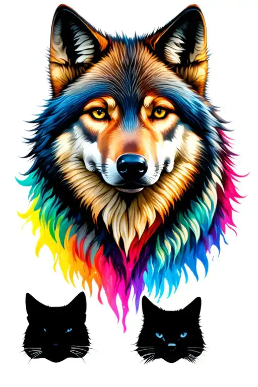 A Multicolored Wolf's Head From The Front With Two Cat Shadows Below