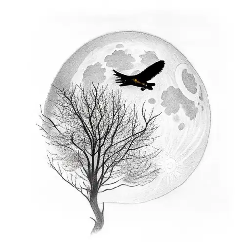A Crow Flying In Front Of A Tree With Full Moon In The Background At Night