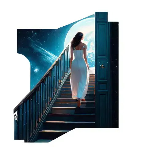 Woman In White Dress Walking Upstairs To Step Into Space Cosmos