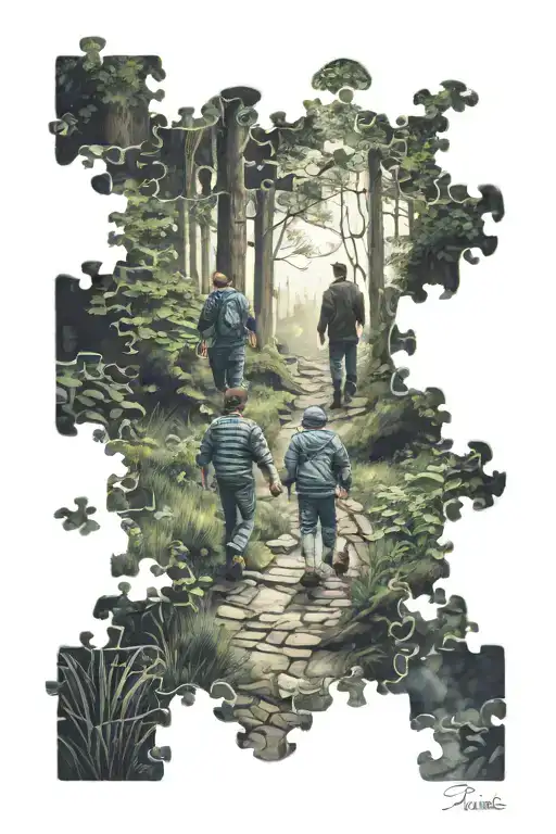 A Father And Son Walking Down A Path In A Forrest And The Border Turns Into Puzzle Pieces
