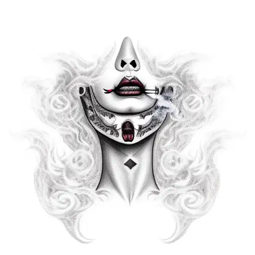 Half Lady And Half Demon Face In Chicano Style With Smoke Coming Out Of Her Mouth