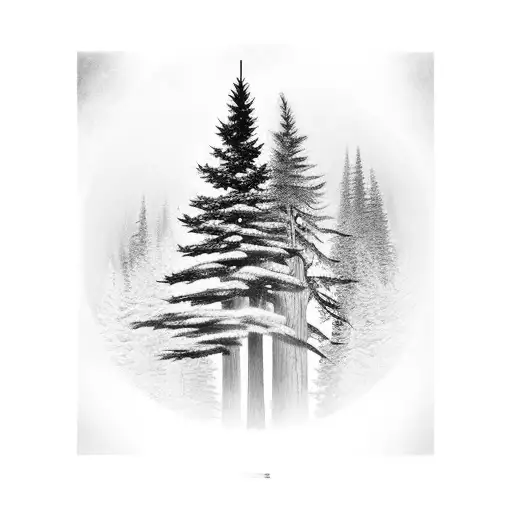 A Realistic Tattoo Design Of A Forest Landscape With A Majestic Pine Tree As The Focal Point Tattoo