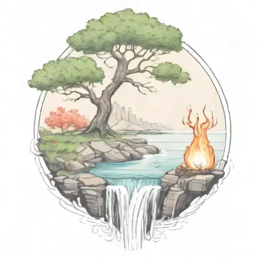 A River With A Campfire And A Rowan Berry Tree On Either Side Of It Waterfalls Down The Front Tattoo