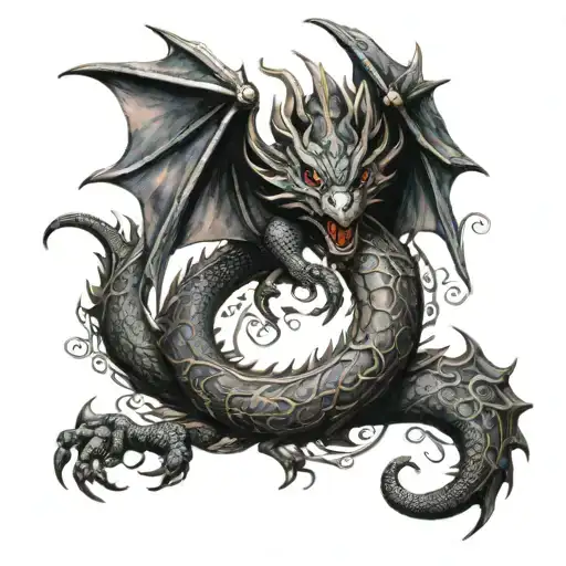 Medieval Dragon Surrounded By Tribal Patterns