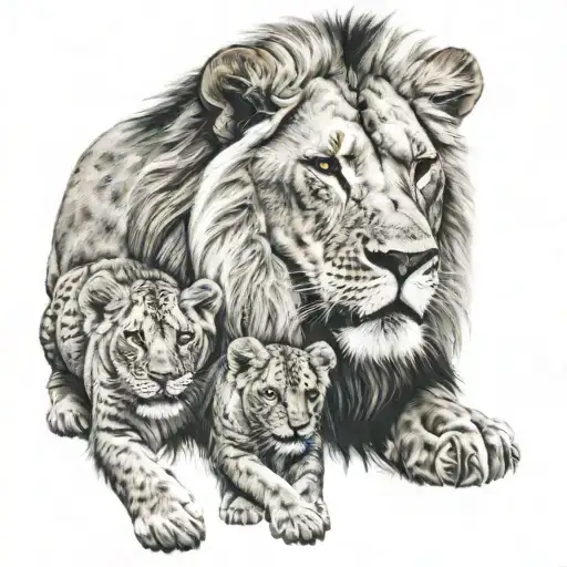 Lion Looking Over Cubs Playing