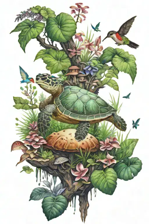 A Mystical Forest Scene With A Sea Turtle Swimming Among Mushrooms And Hummingbirds