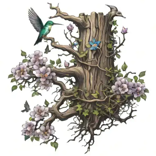 Old Tree With Vines And Flowers Blooming With Humming Birds Flying And Feeding On It