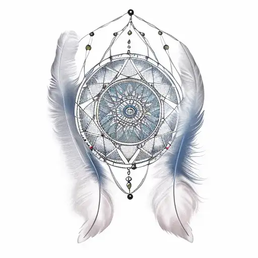 Fine Line Dreamcatcher With Long Feathers On Shoulder