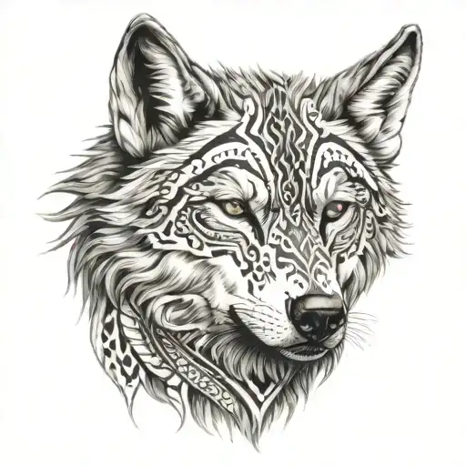 A Realistic Portrait Of A Wolf With Intricate Tribal Patterns Incorporated Into Its Fur