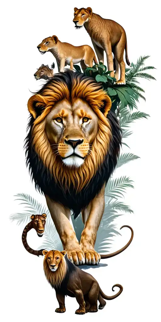 Lion Surrounded By Other Animals Of The Jungle