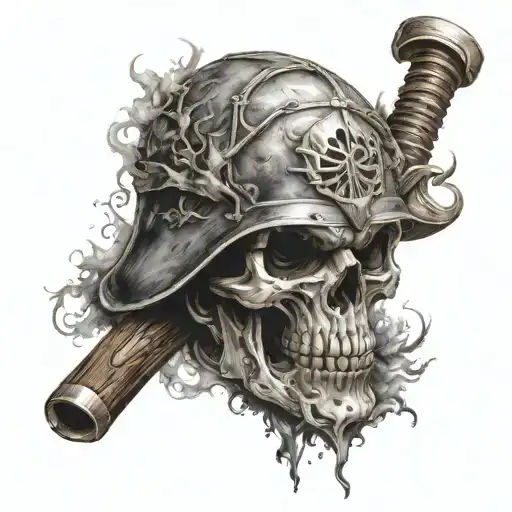 Skull With Fight Fighter Helmet With Smoke And Axe And Maul Crossing Each Other In The Background