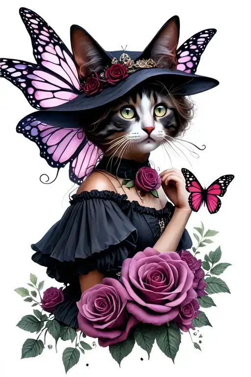 Gothic Alice In Wonderland As A Fairy Witch Plus Cat's Eyes Roses And Butterflies