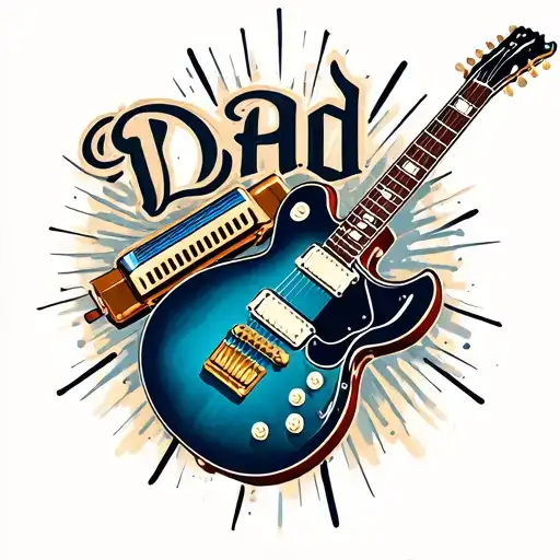 Electric Guitar And Harmonica With The Word Dad