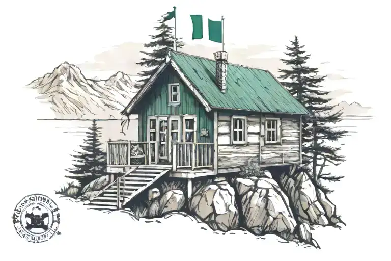 Shack With A Deck On A Mountain Landscape With The Flag Of Ireland On A Flag Pole