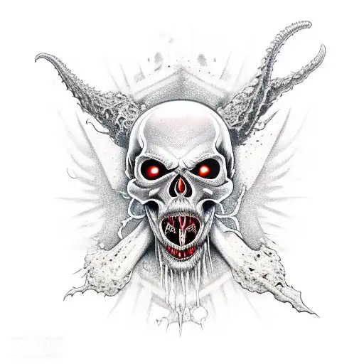 Demon Skull With Blood Dripping Down Longated Mouth With Fangs