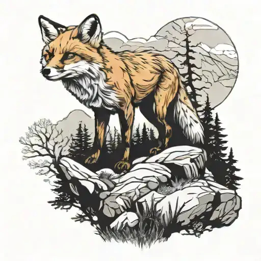 Fox Full Body With Mountains And Forest Looking Up From Ground