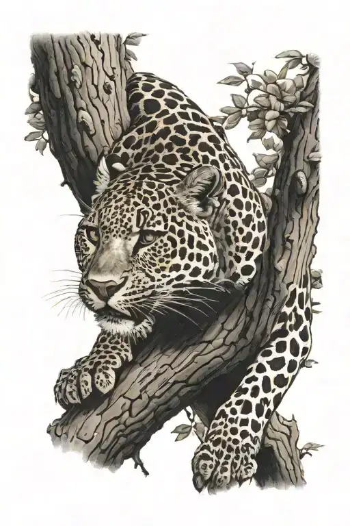 Leopard Climbing A Tree Branch